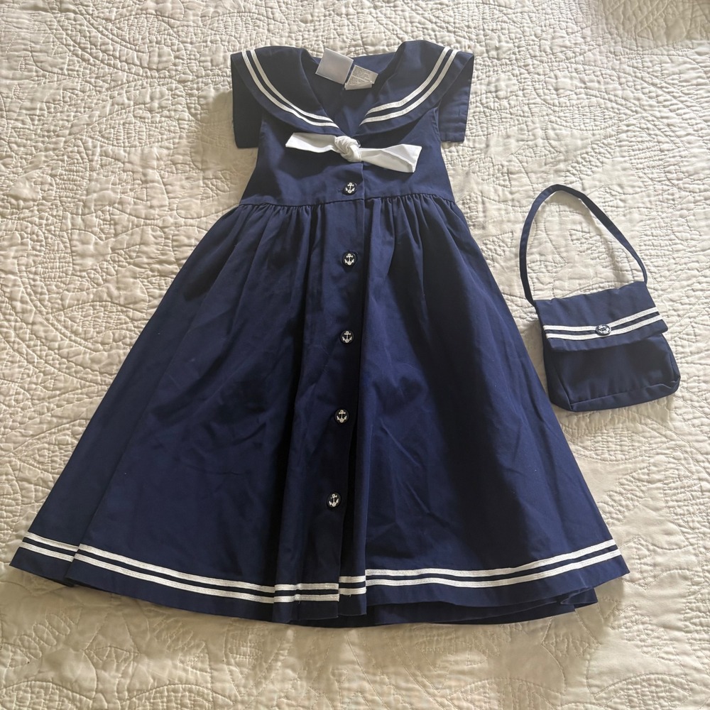 Good Lad Navy Blue Sailor Dress w/ Matching Purse Girls Size 5 Nautical Bow